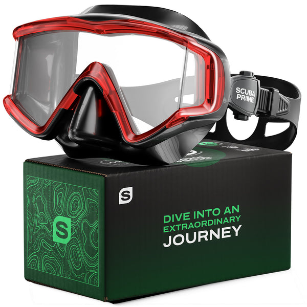 Scuba Prime Pano 3 Scuba Diving Mask, Tempered Glass Snorkel Mask Three-Window Scuba Mask No-Leak Dive Mask Silicone Skirt Diving Mask for Snorkeling and Scuba Use, Red