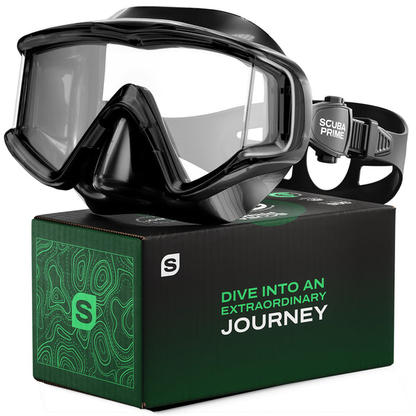Scuba Prime Pano 3 Scuba Diving Mask, Tempered Glass Snorkel Mask Three-Window Scuba Mask No-Leak Dive Mask Silicone Skirt Diving Mask for Snorkeling and Scuba Use,  Black