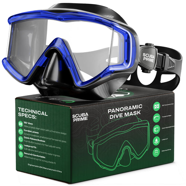 Scuba Prime Pano 3 Scuba Diving Mask, Tempered Glass Snorkel Mask Three-Window Scuba Mask No-Leak Dive Mask Silicone Skirt Diving Mask for Snorkeling and Scuba Use, Blue