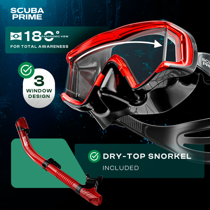 Scuba Prime Pano 3 180° Panoramic Dive Mask, Three-Window Tempered Gla